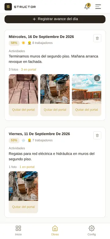 Bitácora de avance en Structor: registro del 16 de septiembre, 58% de avance, 8 trabajadores, con tres fotos de la obra.